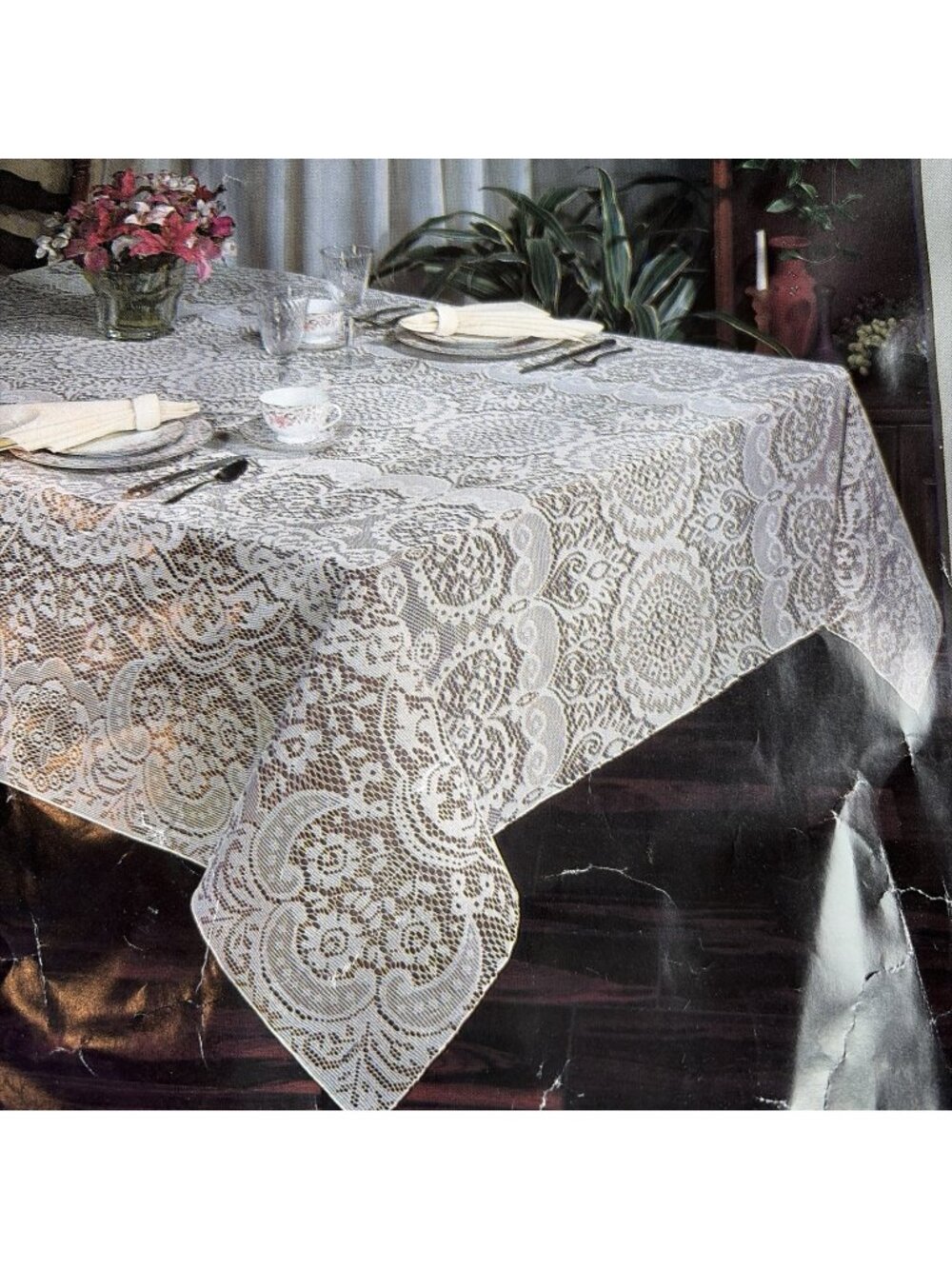 Vintage 1990s Stratford White Lace Tablecloth R4016 Rectangle 70x84" USA NOS